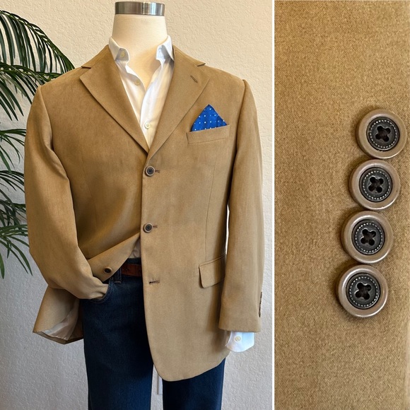 ALFANI BLAZER MENS SIZE 40 TAN RIBBED SUEDE SPORT COAT 3 BUTTON SUIT JACKET